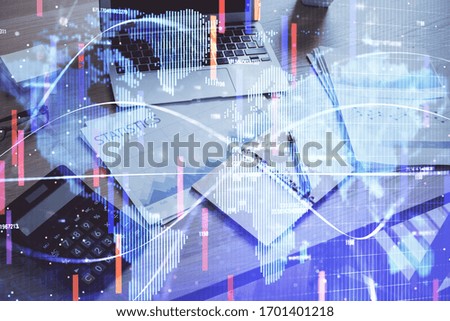 Double exposure of business theme icons and work space with computer background. Concept of success.