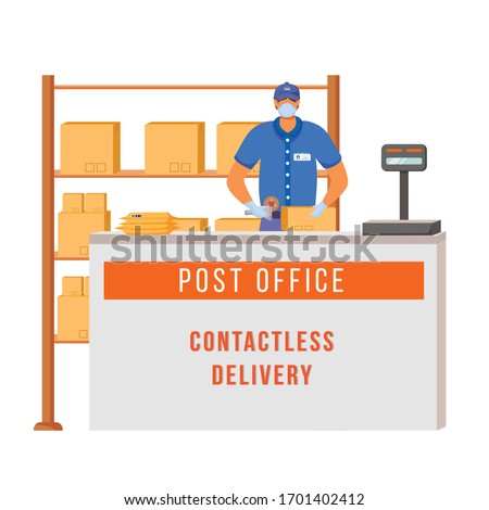 Post office counter flat color vector faceless character. Postal packages on shelves. Delivery worker with mask. Contactless delivery isolated cartoon illustration for web graphic design and animation