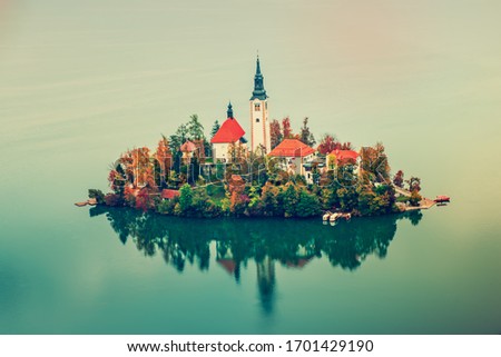 Aerial view of church of Assumption in Lake Bled, Slovenia