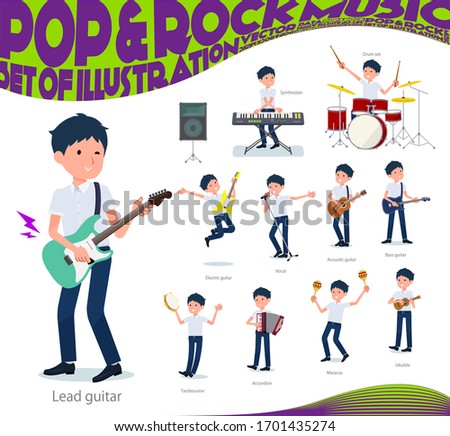A set of short sleeve schoolboy playing rock 'n' roll and pop music.There are also various instruments such as ukulele and tambourine.It's vector art so it's easy to edit.
