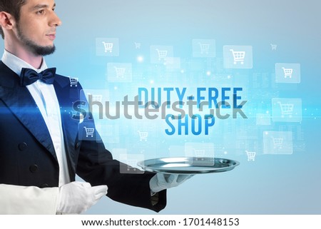 Waiter serving DUTY-FREE SHOP inscription, online shopping concept