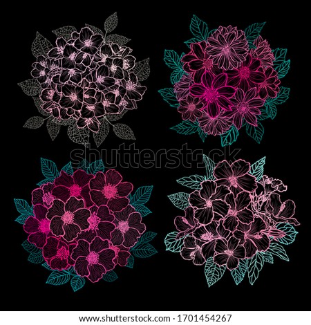 Decorative abstract hand drawn flowers, design elements. Can be used for cards, invitations, banners, posters, print design. Floral background in line art style