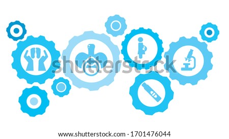 Connected gears and vector icons for logistic, service, shipping, distribution, transport, market, communicate concepts. Love, baby, parent gear blue icon set