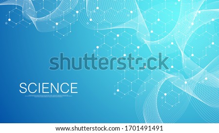 Abstract medical background DNA research, molecule, genetics, genome, DNA chain. Genetic analysis art concept with hexagons, waves, lines, dots. Biotechnology network concept molecule, vector.