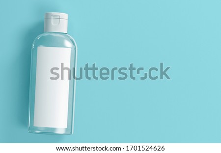 Сlear white cosmetic bottle lying on turquoise background. Hand sanitizer bottle. Antimicrobial liquid gel. Hand hygiene. Shampoo bottle. 3D rendering. Royalty-Free Stock Photo #1701524626