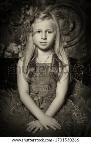 girl in dress sitting, vintage photo, sepia