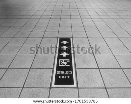 Green emergency exit sign, showing the direction of escape on the ground, black and white photos (Chinese meaning: emergency exit)