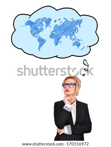 businesswoman thinking about travel on a white background