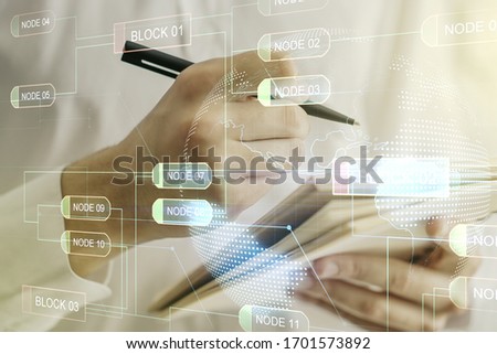 Multi exposure of abstract graphic coding sketch with world map and man hand writing in diary on background, big data and networking concept