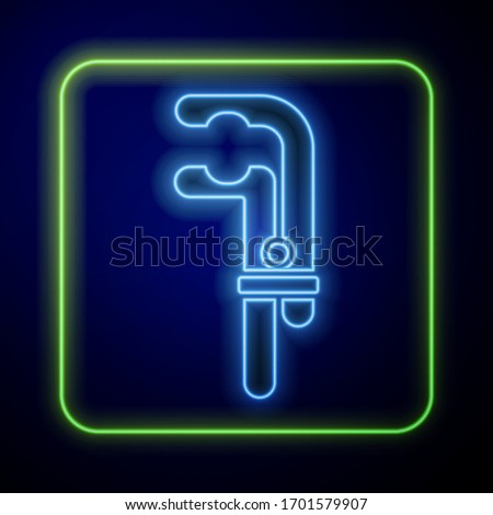 Glowing neon Clamp tool icon isolated on blue background. Locksmith tool.  Vector Illustration