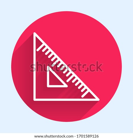 White line Triangular ruler icon isolated with long shadow. Straightedge symbol. Geometric symbol. Red circle button. Vector Illustration