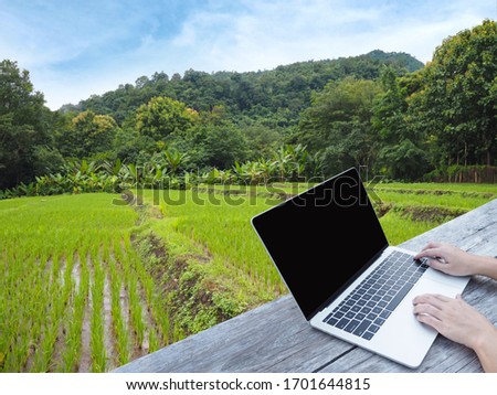 Hand typing laptop on wooden table over rice field country background. Freelance working at anywhere and using social media communication concept Business and technology for agriculture.