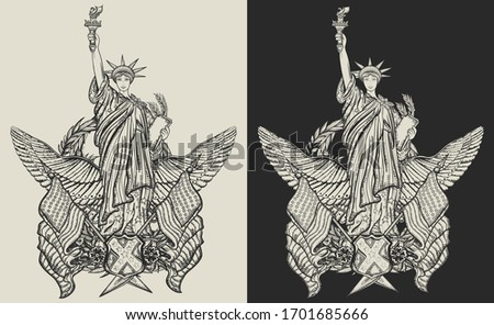 Statue of liberty, wings, flag and map. United States of America. Patriotic art. Template for clothes, covers, emblems, stickers, poster and t-shirt design 