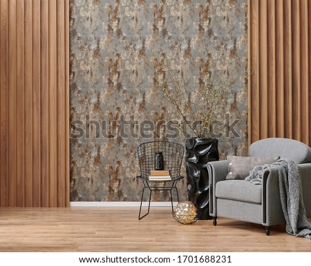 Brown wallpaper background, Luxury wall design and grey armchair with black vase of flower.