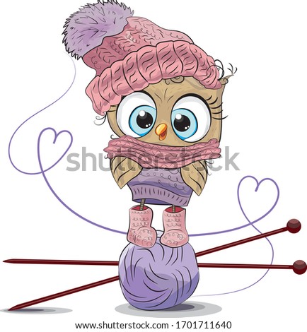 Hand made knitting. logo. A ball with knitting needles. Made with love. Cute owl cartoon. owl in winter knitted clothes. Knitting with yarn. Knitted clothing is hobby. bird in hat. Vector.