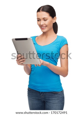 technology, internet and people concept - smiling girl with tablet pc computer
