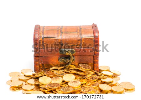 gold coins with wooden box