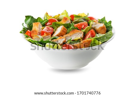 Healthy green salad with crispy fried chicken and tomato isolated on white Royalty-Free Stock Photo #1701740776