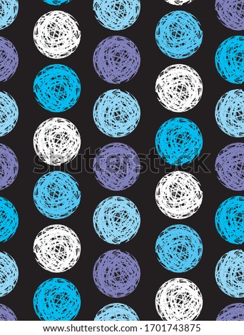 Simple Hand Drawn Grunge Dots Vector Pattern. Big Light Blue, White and Violet Dots Isolated on a Black Background. Abstract Dotted Print for Fabric, Textile, Wrapping Paper. 