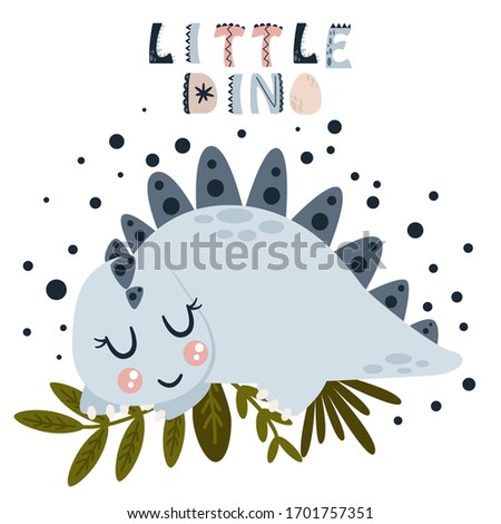 poster with little dinosaur and leaf - vector illustration, eps