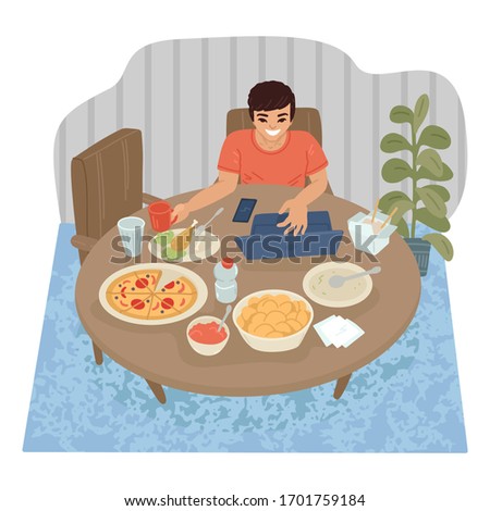 Freelancer works from home, a mans apartment, order food delivery, pizza, watch videos on the Internet, online learning from home, live alone. Hobbies during the coronavirus pandemic. Vector drawing