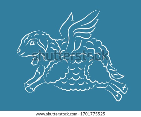 Beautiful hand drawn tribal illustration with white linear flying sheep silhouette isolated on the blue background
