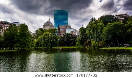 Pond in the Public Garden and buildings in Boston, Massachusetts.