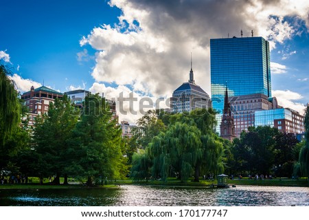 Pond in the Public Garden and buildings in Boston, Massachusetts.