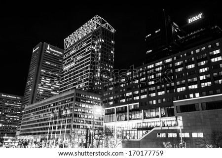 Buildings on Pratt Street at night, in downtown Baltimore, Maryland.