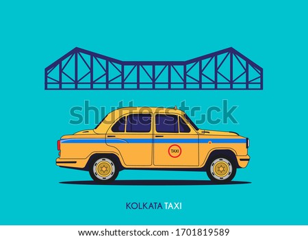 Kolkata Howrah bridge and yellow taxi. Royalty-Free Stock Photo #1701819589