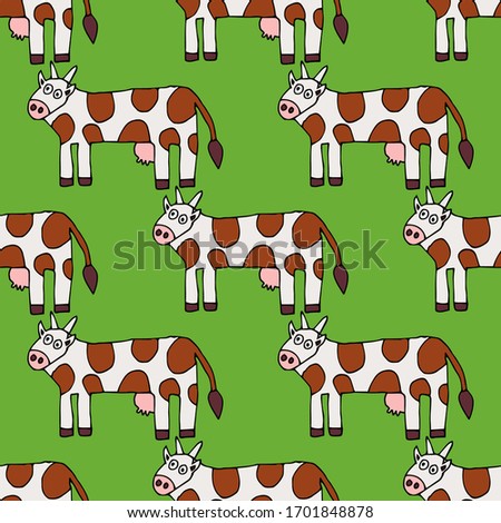 Cartoon doodle cow seamless pattern. Summer farm animal background. Vector illustration. 