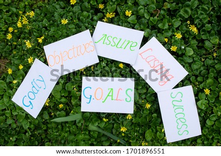 Godly objectives assure lasting success - GOALS concept acronym, handwritten on cardboard sheets placed on a spring garden floor background