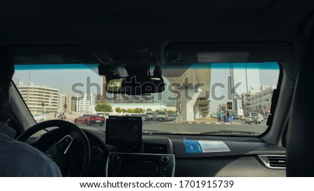 View from the cab of a car taxi to the streets of Dubai.