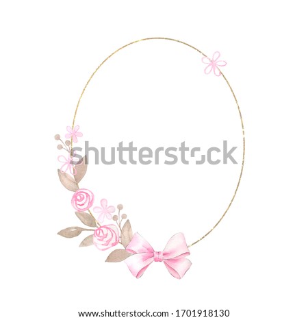 Watercolor floral frame with pink flowers,bow and gold element.Hand drawn illustrations isolated on white background.
