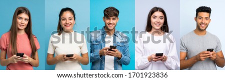 Set of people over blue background sending a message or email with the mobile Royalty-Free Stock Photo #1701923836