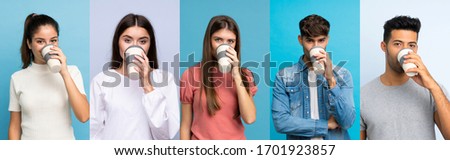 Set of people over blue background holding and drinking a coffee to take away
