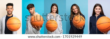 Set of people over blue background with ball of basketball
