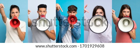 Set of people over blue background shouting through a megaphone