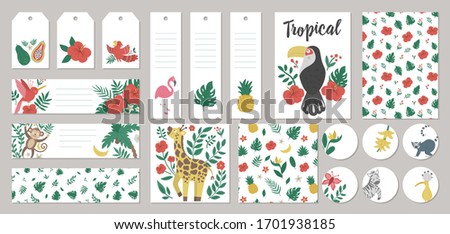 Set of vector summer gift tags, labels, pre-made designs, bookmarks with tropical animals, plants, flowers, fruit. Funny exotic card templates with cute jungle characters