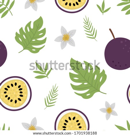 Vector passion fruit seamless pattern. Jungle fruit repeat background. Hand drawn flat exotic texture d. Bright childish healthy tropical summer food digital paper