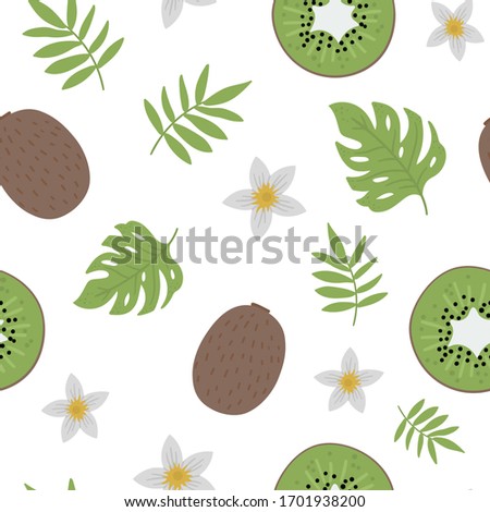 Vector kiwi seamless pattern. Jungle fruit repeat background. Hand drawn flat exotic texture. Bright childish healthy tropical summer food digital paper