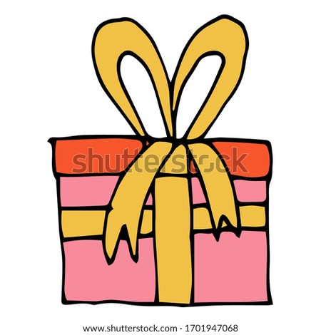 Doodle icon of gift with ribbons and bow isolated on white background. Colorful wrapped gift. Vector  illustration. 