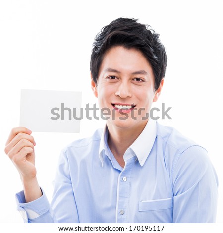 Young asian man showing empty card isolated on white background. 
