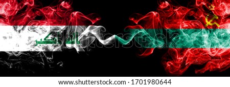 Iraq, Iraqi vs Transnistria smoky mystic flags placed side by side. Thick colored silky smokes flags together