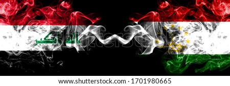 Iraq, Iraqi vs Tajikistan, Tajikistani smoky mystic flags placed side by side. Thick colored silky smokes flags together