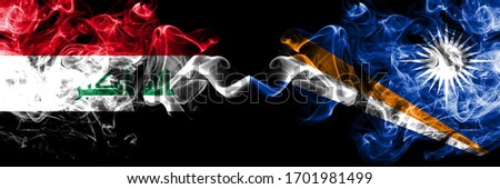 Iraq, Iraqi vs Marshall Islands smoky mystic flags placed side by side. Thick colored silky smokes flags together