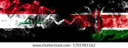Iraq, Iraqi vs Kenya, Kenyan smoky mystic flags placed side by side. Thick colored silky smokes flags together
