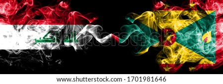 Iraq, Iraqi vs Grenada smoky mystic flags placed side by side. Thick colored silky smokes flags together