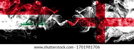 Iraq, Iraqi vs England, English smoky mystic flags placed side by side. Thick colored silky smokes flags together