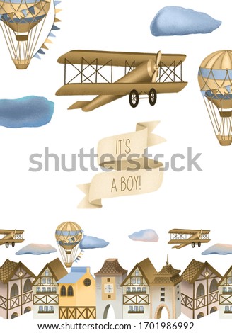 Hand drawn town, retro airplanes and hot air balloons illustration, boys baby shower card template